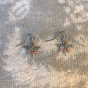 Small blue and pink dragonfly earrings.